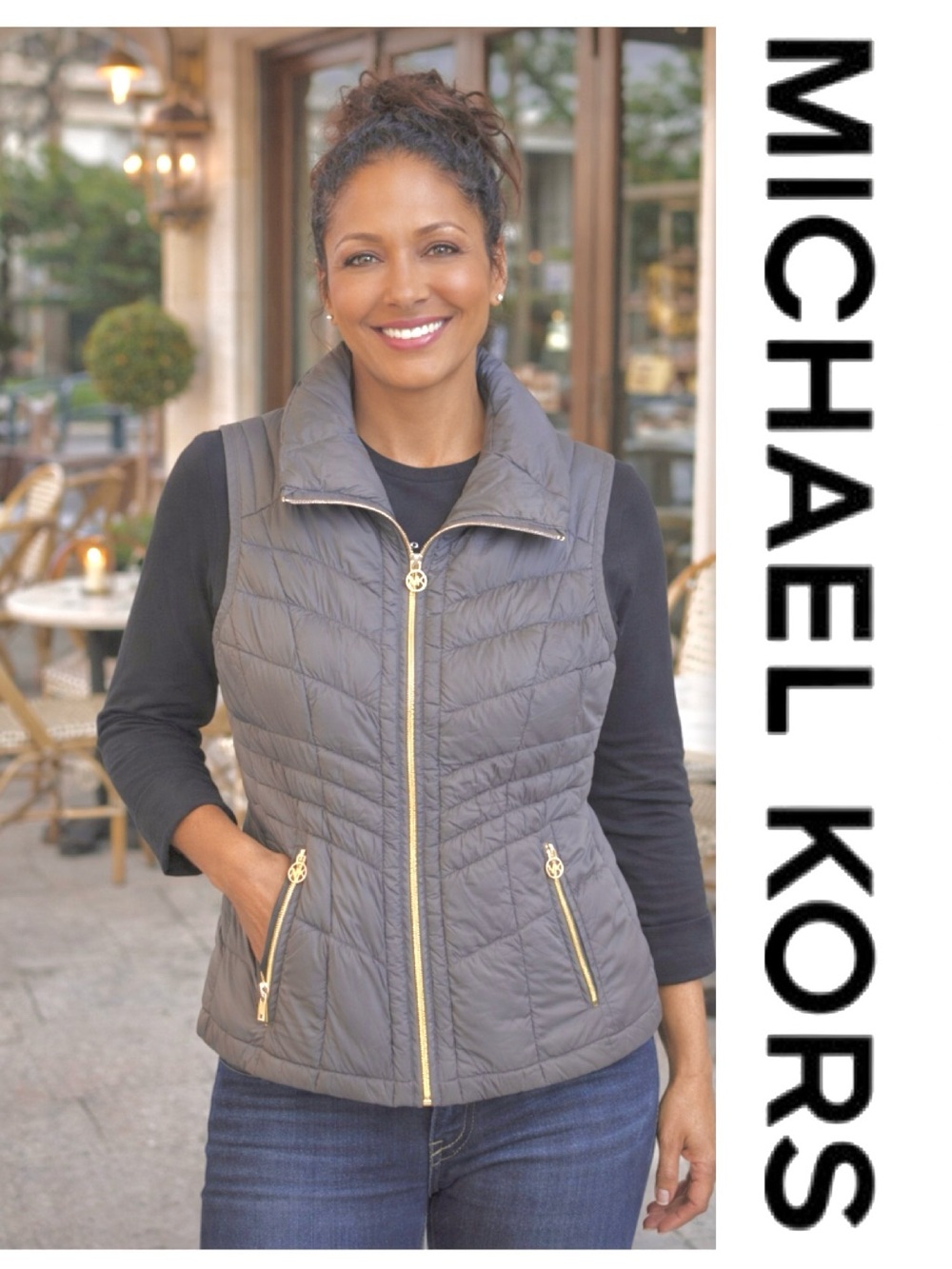 Michael Kors Gray Quilted Zip Front Vest with Gold Hardware